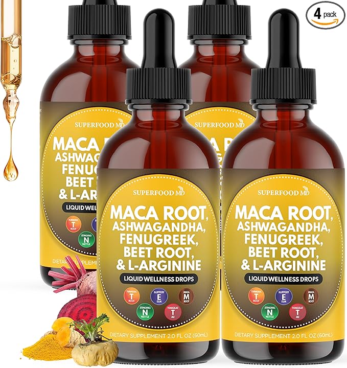 Superfood MD Maca Root Liquid Drops with Ashwagandha Nettle Fenugreek Beet Root and L-Arginine Liquid Multivitamin for Women and Men - 8 Oz