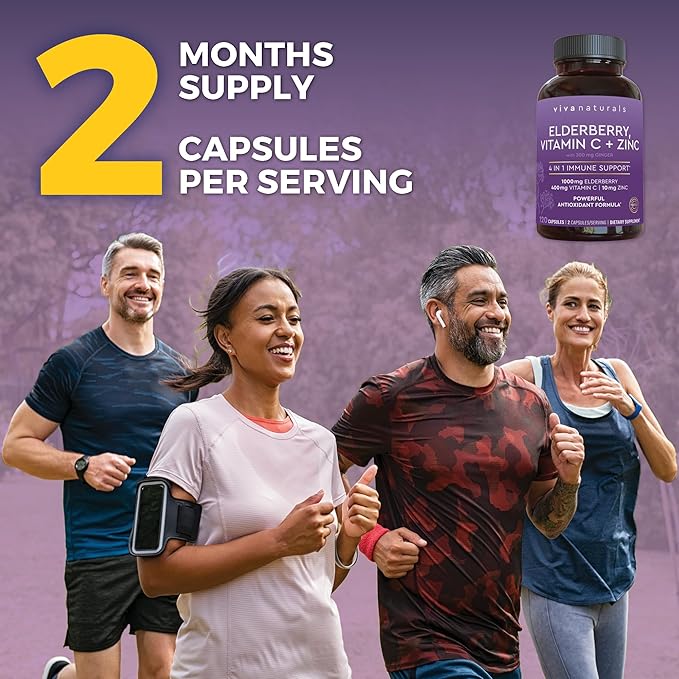 Viva Naturals Elderberry with Vitamin C and Zinc (120 Capsules) - 1000mg Sambucus Elderberry Immune Support Supplement Black Elderberry Capsules for Adults Elderberry Vitamins - 2 Months Supply