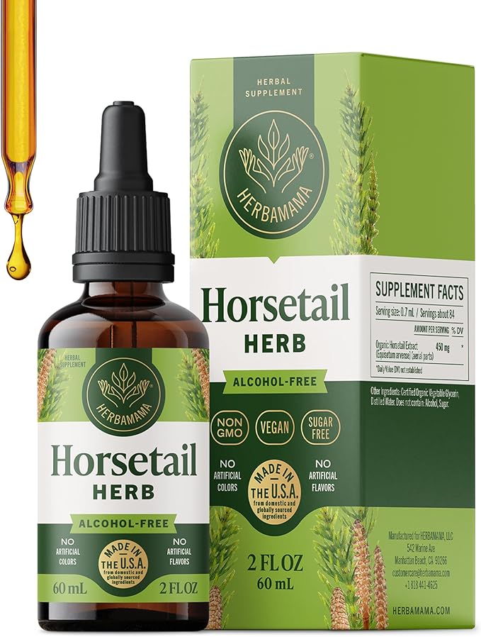 HERBAMAMA Horsetail Supplement Drops - Vegan Hair Nail &amp Skin Care with Horsetail Extract - Non-GMO Alcohol &amp Sugar-Free Liquid Hair Strengthening Tincture 42-Day Supply