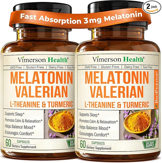 Melatonin 3mg Sleep Aid with L-Theanine &amp Valerian Root – Turmeric Curcumin Supplement with Ginger &amp Black Pepper – Organic Turmeric Supplement for Sleep Calm and Stress Relief Support – 2 Pa