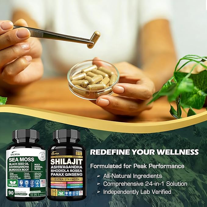Shilajit 9000mg Sea Moss 17500mg Ginger &amp Black Seed Oil 4000mg Ashwagandha 5000mg Rhodiola Rosea 1000mg Panax Ginseng 1500mg All in 1 Supplement - Sea Moss &amp Shilajit Vitality Bundle