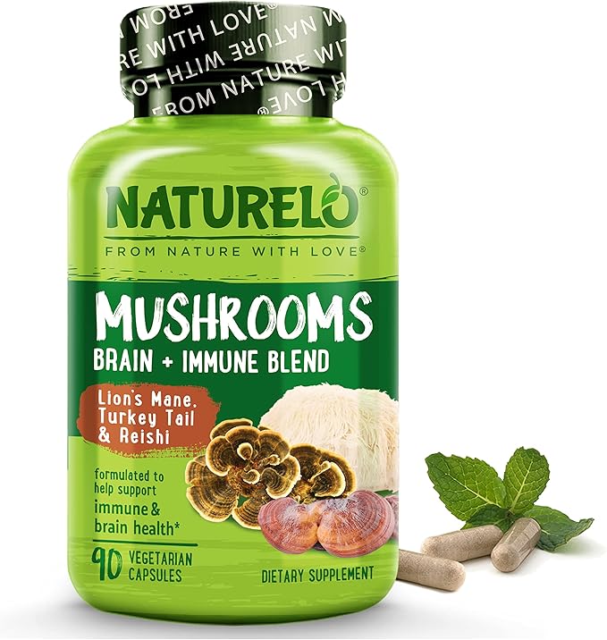 NATURELO Mushroom Supplement Capsules 90 Ct Brain &amp Immune Support Vegan-Friendly Lions Mane Supplement Capsules Lion’s Mane Reishi Turkey Tail Blend