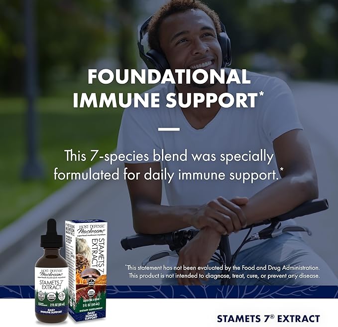 Host Defense Stamets 7 Extract - 7 Species Blend - Mushroom Supplement for Immune Support with Royal Sun Blazei Cordyceps Reishi Maitake Lion's Mane Chaga &amp Mesima - 2 fl oz (60 Servings)*