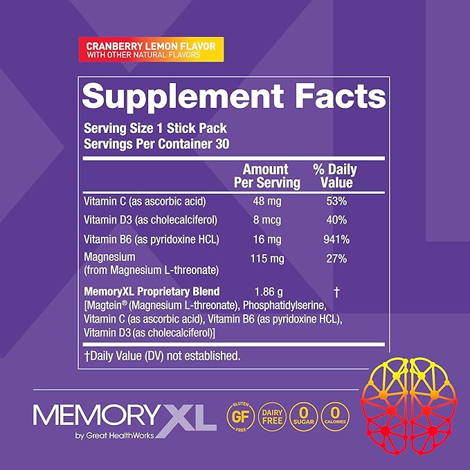 MemoryXL Magnesium L-Threonate: Brain Supplement for Memory &amp Focus Magtein® Phosphatidylserine Vitamin Mix. Improves Memory Focus Attention Learning &amp Logic. 0 Sugar 0 cal 30pk Cranberr
