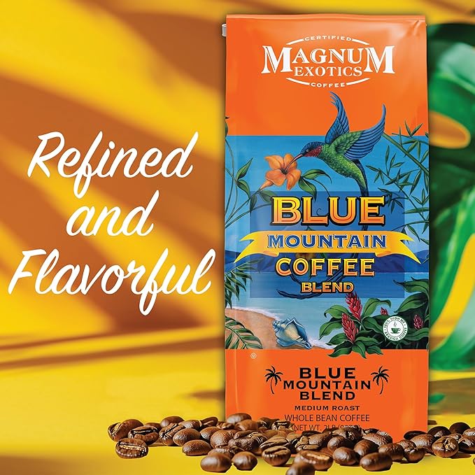 Magnum Exotics Coffee Blue Mountain Blend - Whole Bean Coffee Medium-Light Roast Made from 100% Arabica Beans Rich &amp Smooth Flavor Fresh Roast - Blue Mountain Blend 2 Lb (Pack of 1)