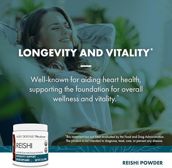 Host Defense Reishi Powder - Mushroom Mycelium Powder - Heart &amp Immune Health Support Supplement - Mushroom Supplement to Support Energy &amp Vitality - Aids Overall Well-Being - 3.5 oz (66 Servi
