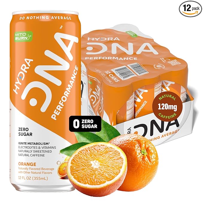 HYDRADNA- Clean Performance Drink Zero Sugar | For Natural Fuel Alertness Boost Stamina120 mg Organic Caffeine Natural Flavors Zero Sucralose Clean Ingredients (12 Pack) (12 Pack Orange)