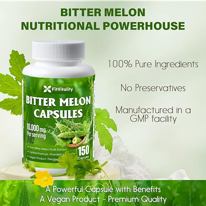 Bitter Melon Capsules| 150 Vegan Capsules| 150 Days Supply| 9000mg per Serving| Bitter Melon Fruit 25:1 Extract| 100% Pure &amp Natural| Gluten-Free Supplement| Ultimate Concentrated