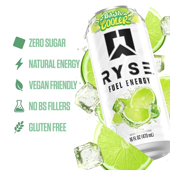 RYSE Fuel Energy Drink - Baja Cooler - Sugar Free Gluten Free &amp Vegan - 200mg Natural Caffeine Taurine &amp Choline for Focus &amp Energy - No Artificial Colors - 16 fl oz Cans (12-Pack)