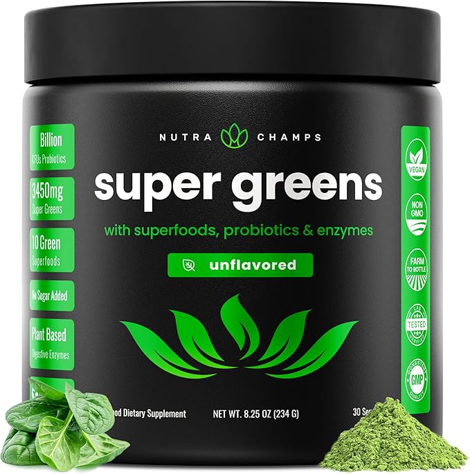 NutraChamps Super Greens Powder Premium Superfood | 20+ Organic Green Veggie Whole Foods | Wheat Grass Spirulina Chlorella | Antioxidant Digestive Enzyme &amp Probiotic Blends (9.0 Oz Unflavored)