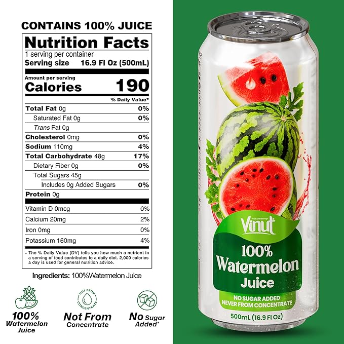 VINUT 100% Watermelon Juice No Added Sugar Not From Concentrate 16.9 fl oz (500 mL) Can Pack of 12