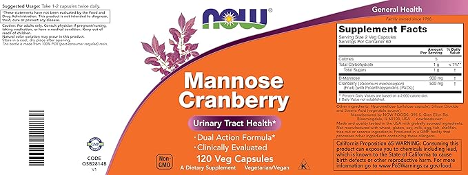 NOW Foods Mannose Cranberry 120 Capsules (Pack of 2) - with PAC - 450mg dMannose 250mg Whole Cranberry - Urinary Tract Health* - Vegan Friendly Supplement Non-GMO