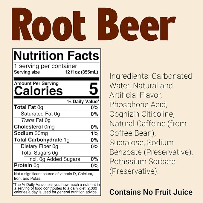 BUM Sugar-Free Energy Drink Root Beer - Lightly Carbonated &amp No Artificial Colors Natural Caffeine &amp Citicoline for Energy &amp Focus Brain Boost &amp Workout Sports Beverage - 12 oz Pac