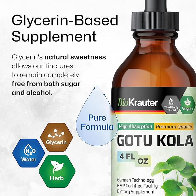 BIO KRAUTER® Centella Asiatica (Gotu Kola)- Liquid Drops Gotu Kola Extract 685 mg/Serving 4 Fl.Oz 56-Day Supply - Pure Vegan Brain Supplement Supports Calm Focus &amp Memory - Alcohol &amp Sugar F
