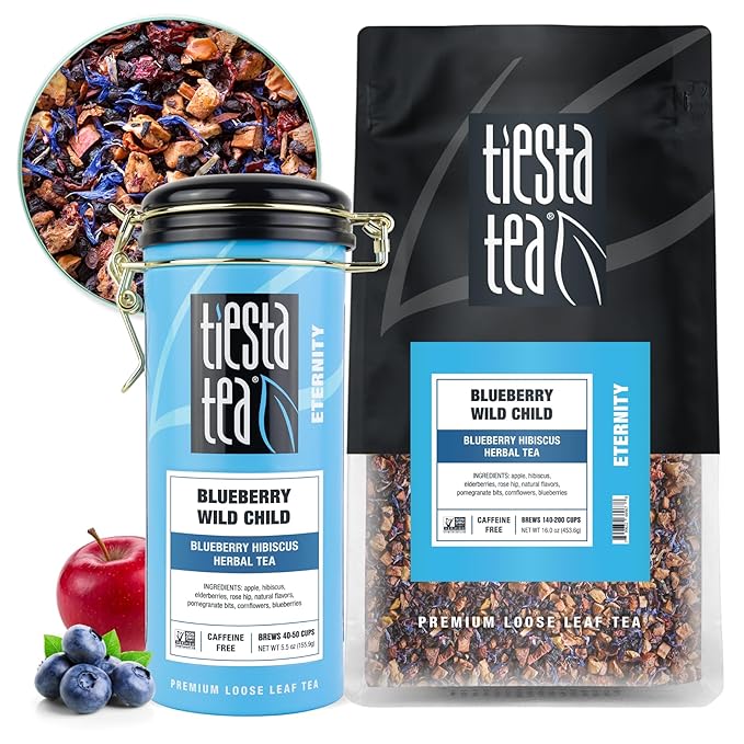 Tiesta Tea - Blueberry Wild Child Loose Leaf Blueberry Hibiscus Herbal Tea Premium Non-Caffeinated Blend Hot or Iced &amp Brews Up to 250 Cups 16oz Bulk Pouch &amp 5.5oz Refillable Tin Combo