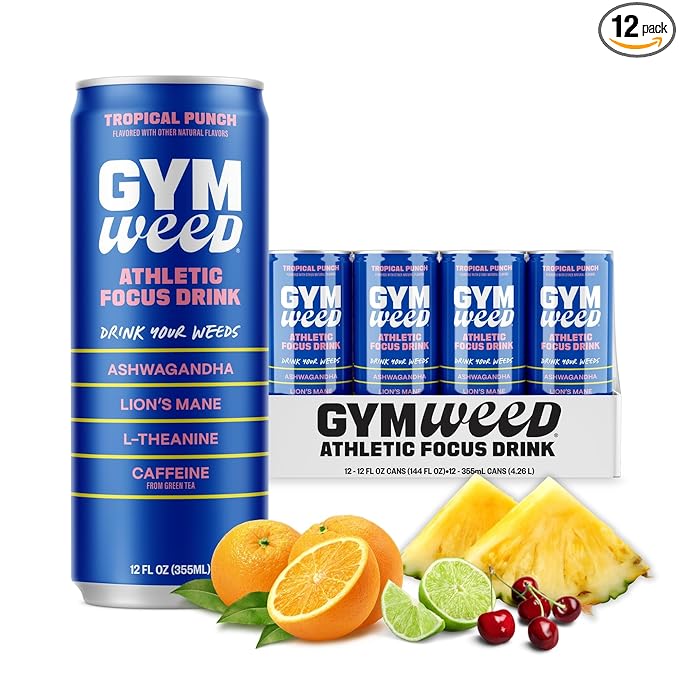 GYM WEED Athletic Focus Drink with KSM-66 Ashwagandha Lion's Mane Mushroom L-Theanine 200mg Green Tea Caffeine with Natural Sweeteners Tropical Punch Flavor 12 Pack