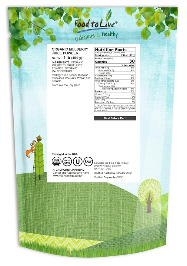 Food to Live Organic Mulberry Juice Powder 1 Pound – Non-GMO Made from Raw Dried Berries Unsulfured Vegan Bulk Great for Baking Juices Smoothies Yogurts Contains Maltodextrin No Sulphites