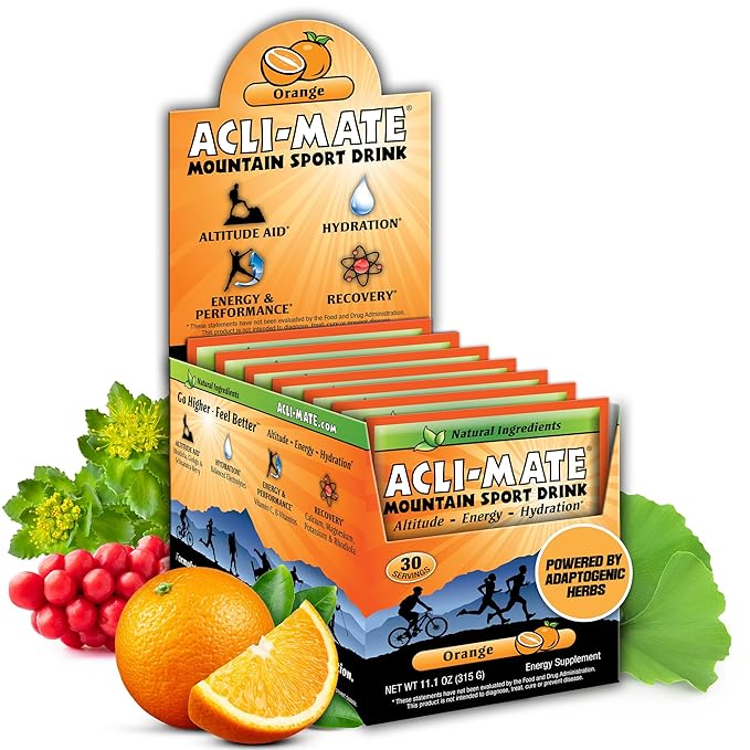 Acli-Mate Mountain Sport Drink Mix - High Altitude Acclimatization Electrolyte Powder Packets - Energy Drink Mix - Recovery Hydration Packet for Running Hiking Cycling Travel &amp More (30 CT Ora