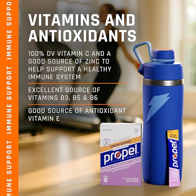 Propel Immune Support Electrolyte Enhanced Water Drink Mix Powder Packets Lemon Blackberry 100% DV Vitamin C Good source of Zinc Zero Sugar Hydration with Electrolytes and Vitamins (120 Packets)
