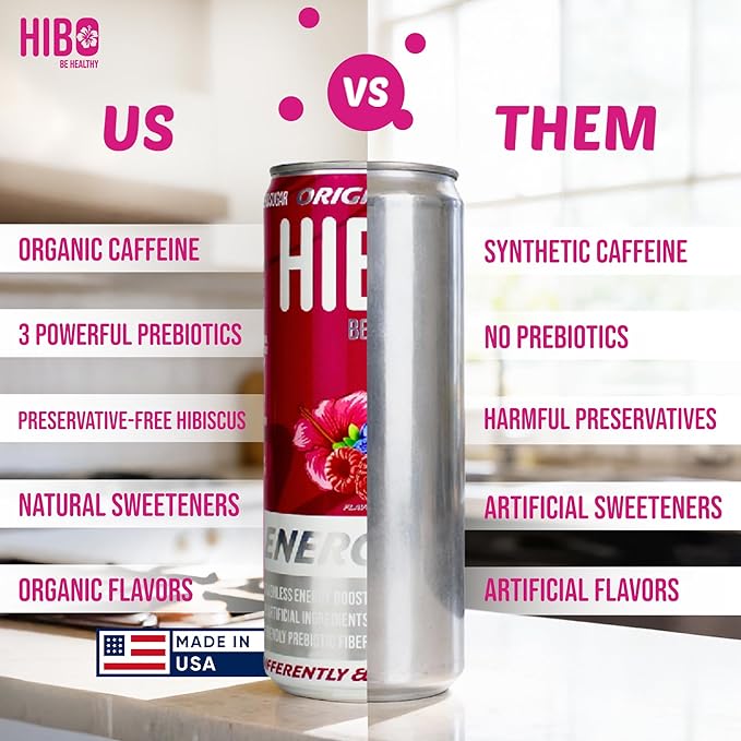 HIBO Healthy Energy Drinks Sugar Free – Gluten-Free &amp Gut-Friendly Prebiotic Fiber w/140mg Caffeine &amp 60mg Green Coffee Extract Electrolytes – For Immunity &amp Focus - Pack of 12 Black Che