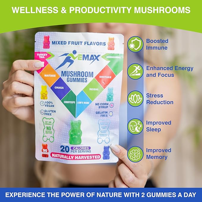 Ashwagandha and Lions Mane Mushroom Gummies for Adults - Organic - Reishi Maitake Chaga Cordyceps Shiitake Turkey Tail - Immune Support Memory Focus and Energy -Vegan Mushroom Supplement Gummy