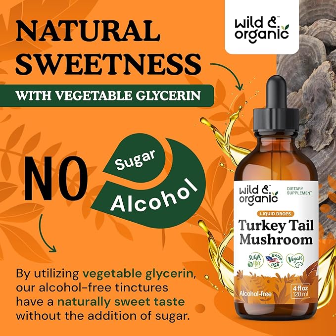 Wild &amp Organic Turkey Tail Mushroom Tincture - Immune Support Drops with Turkey Tail Extract - Liquid Mushroom Supplement for Gut Support - Vegan Sugar &amp Alcohol-Free - 4 fl oz