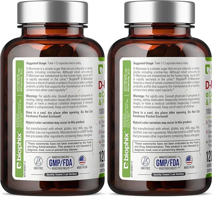 biophix D-Mannose 1000mg Capsules with Cranberry &amp Probiotics - D Mannose Supplements for Women - D-Mannose Pills for Urinary Tract &amp Bladder Health Support - Digestive Well-Being - 120 Vcaps