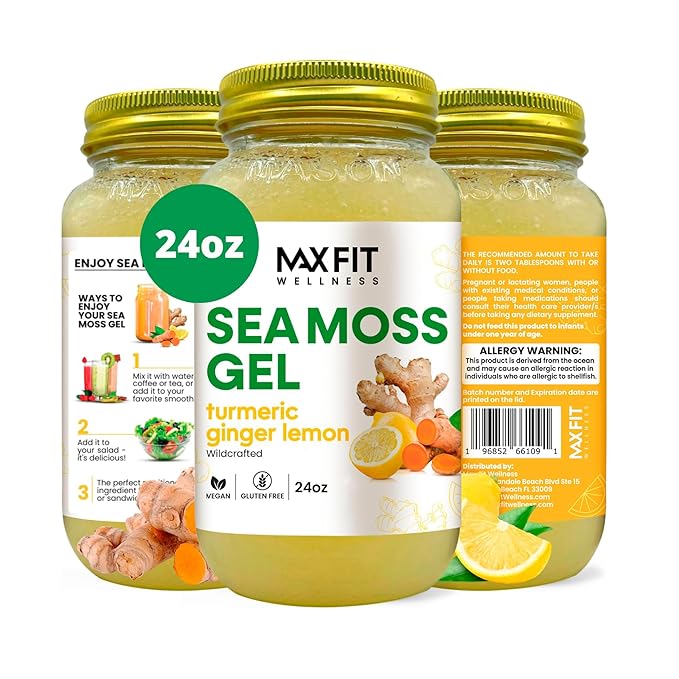 MAX FIT Sea Moss Gel Turmeric Ginger Lemon (25 Flavors) 24oz Wildсrafted Gold Sea Moss Gel from Saint Lucia | 92 Vitamins and Minerals | Pure Raw+Non-GMO