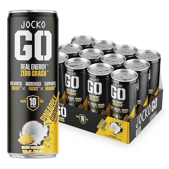 Jocko GO Energy Drink - Keto Vitamin B12 Vitamin B6 Electrolytes L Theanine Magnesium- Energy Boost Sugar Free Nootropic Monk Fruit Blend - 12 Pack (Pineapple Coconut)