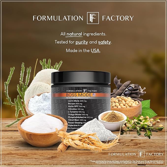 Formulation Factory BOSS Mode 10-in-1 Nootropic Cognitive Enhancement Supplement Focus &amp Memory Booster Featuring Lion’s Mane Bacopa Monnieri Alpha-GPC Ginseng &amp More 240 Capsules (2 Pack