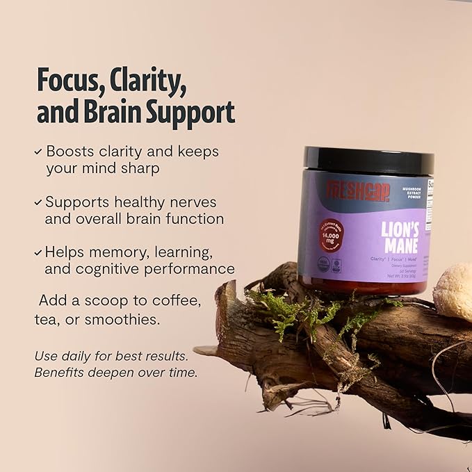 FreshCap Mushrooms Ayurveda Organic Lions Mane Powder 14000mg - Lions Mane Extract Mushroom Supplement for Focus &amp Memory Lions Mane Supplement Powder (60 Servings)