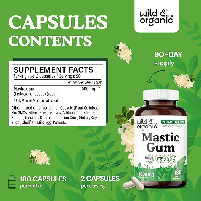 Wild &amp Organic Mastic Gum Capsules - 1000 mg Mastic Gum Resin Supplement for Gut Support - 90 Days of Supply - 180 Vegan Capsules - No Fillers Non-GMO Gluten-Free