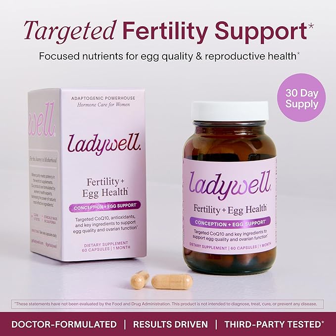 Ladywell Fertility + Egg Health | Fertility Support | Ovarian Health Egg Quality Ovulation &amp Conception Wellness Support | CoQ10 Folate + Key Ingredients | Science-Backed Women’s Supplement 60