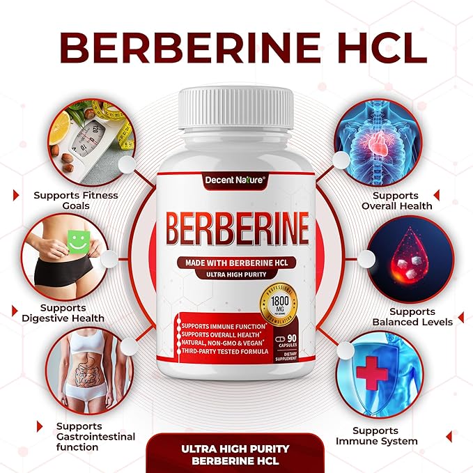 Berberine Supplement 1800mg - Premium Berberine HCl 97% High Purity Supports Immune System High Potency Hydrochloride &amp Extract Activates AMPK &amp GLP-1 Non-GMO Vegan for Men Woman 90 Capsu