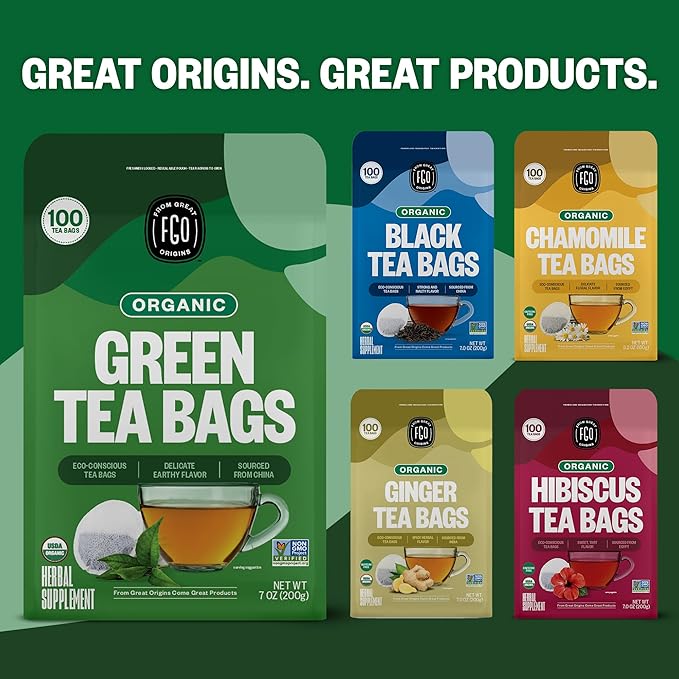 FGO Organic Green Tea 100 Count Eco-Conscious Tea Bags Caffeinated Resealable Pouch Packaging May Vary (Pack of 1)