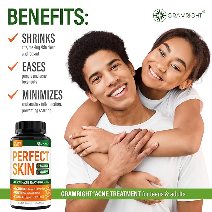 Perfect Skin Acne Pills - Clear Skin Supplement with Niacinamide Probiotic Zinc &amp Vitamin A - Anti Acne Vitamins for Teens Men &amp Women - Support for Face &amp Back Acne Acne Scars - 60 Ca
