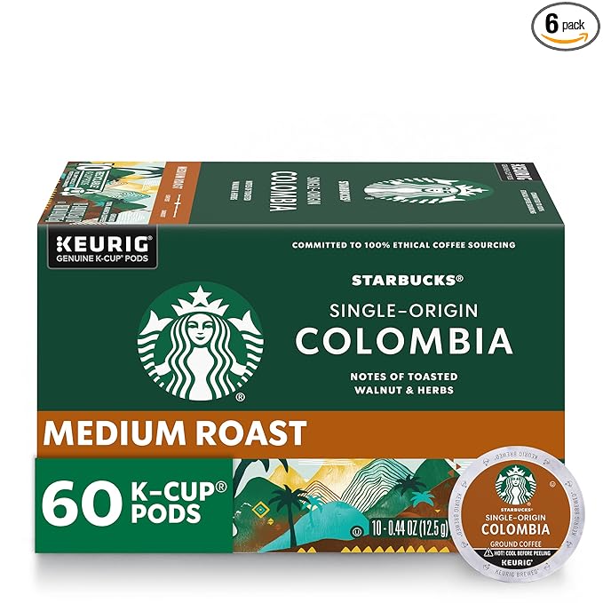 Starbucks K-Cup Coffee Pods Medium Roast Coffee Colombia 100% Arabica 6 boxes (60 pods total)