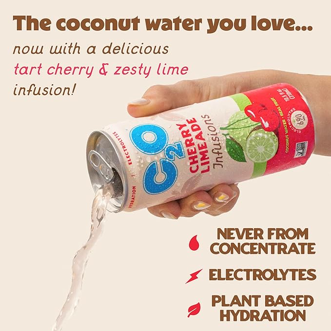 C2O - Coconut Water Infusions - Cherry Limeade (12 Pack) - 700mg of Electrolytes - Made with Fresh Coconut Water + Real Fruit Juice - Plant Based Natural Hydration Non GMO - 12 Slim Cans 10.5 fl oz