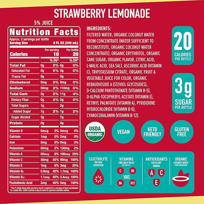 ROAR Complete Hydration Organic - Electrolyte Drinks Loaded with Vitamins C B5 B12 - Non-GMO Gluten-Free - Strawberry Lemonade - 12 pc