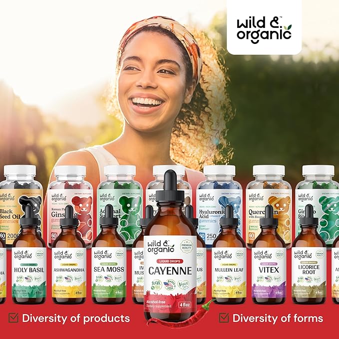 Wild &amp Organic Cayenne Pepper Tincture - Digestive Support with Capsaicin Extract - Cayenne Pepper Liquid Drops for Overall Well-Being - Vegan Sugar &amp Alcohol-Free - 4 fl oz
