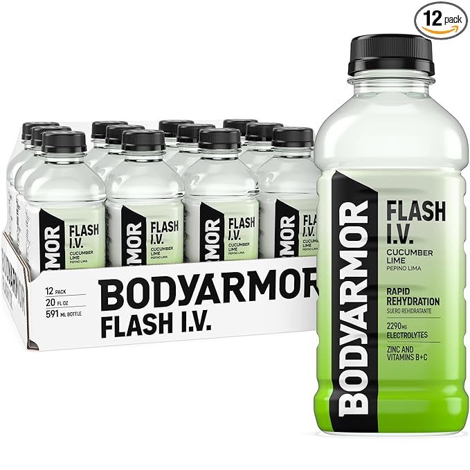 BODYARMOR Flash I.V. Electrolyte Beverage Cucumber Lime Hydration Drink with Coconut Water For Rapid Rehydration Post Workout Recovery 20 Fl Oz (Pack of 12)