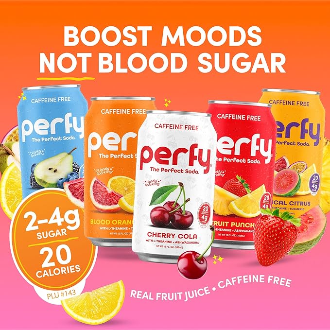 PERFY Caffeine Free Dr. Perfy Soda | Made With Real Fruit Juice - Low Sugar Nootropic Drink with L-Theanine + Ashwagandha | Calming Adaptogen Mocktail | Keto + GLP-1 Friendly | Sweetened with Stevia &