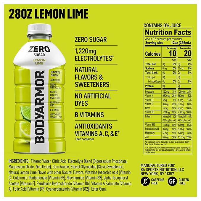 BODYARMOR ZERO Sugar Lemon Lime Electrolyte Drink Natural Flavors 28 Fl Oz Bottles (15 Pack) B Vitamins &amp Antioxidants Sugar Free Hydration