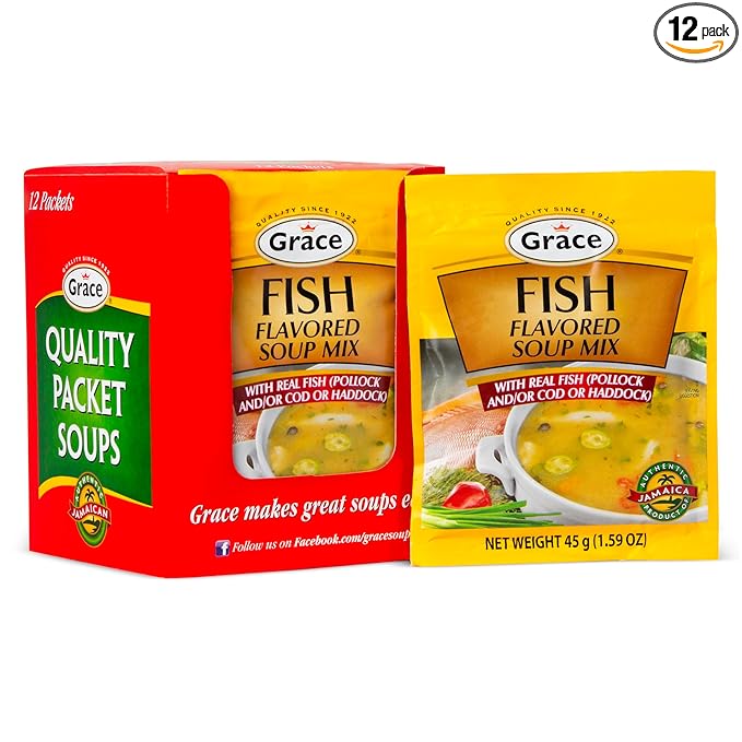 Grace Fish Flavored Soup Mix 1.59oz - Pack of 12 - Authentic Jamaican Fish Tea Made with Cod Haddock &amp Pollock - Caribbean Fish &amp Seafood Stock Mix