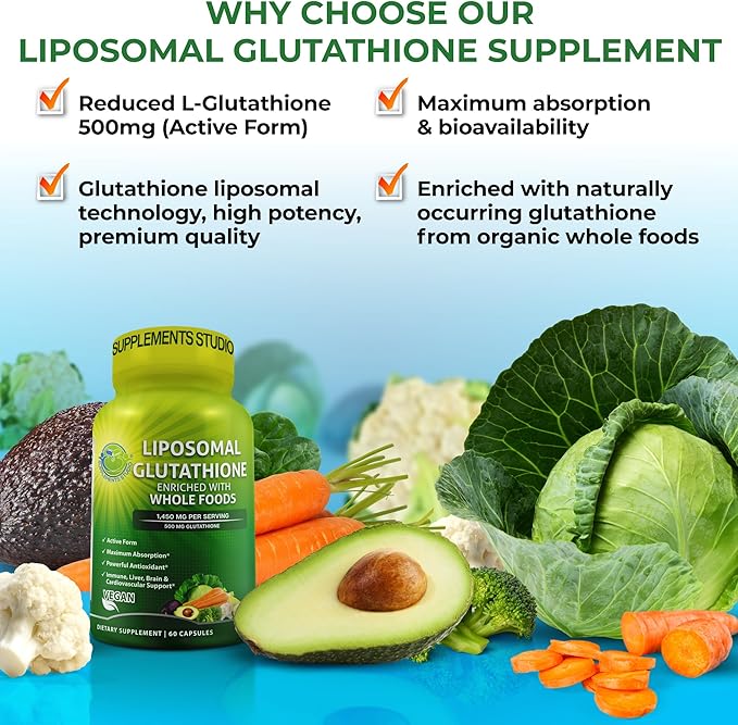 Liposomal Glutathione 500mg - Active Form L Glutathione (Reduced) for Maximum Absorption - Made with Organic Whole Foods - Master Antioxidant &amp Detoxifier - Immune &amp Cardiovascular Support - 6