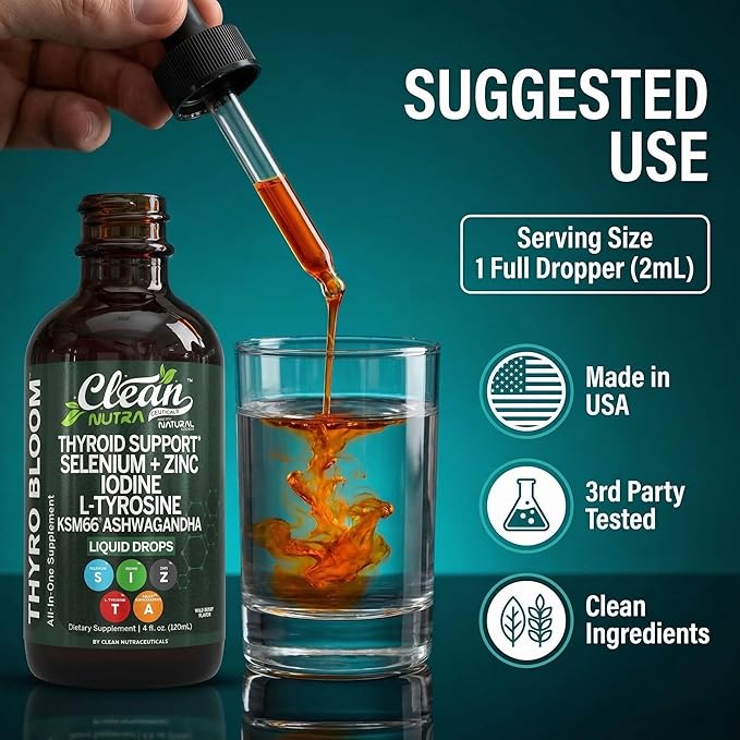 Clean Nutra Thyroid Support Drops Selenium Zinc Iodine L Tyrosine KSM66 Ashwagandha Vitamin D3 B12 A C Turmeric Kelp Schisandra Guggul Cayenne Basil Liquid Supplement Folate Copper Thyro Bloom Drop