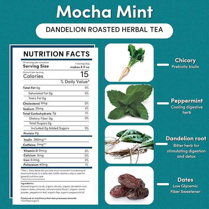 Teeccino Dandelion Mocha Mint Tea - 25 Tea Bags - Caffeine Free Roasted Herbal Tea with Prebiotics 3x More Herbs than Regular Tea Bags Gluten Free (Pack of 3)
