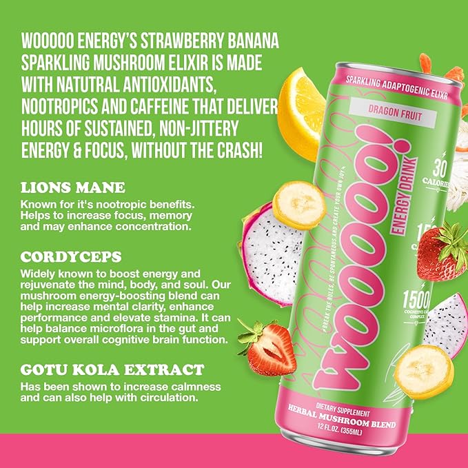 Wooooo! Energy Ric Flair Sparkling Adaptogenic Mushroom Energy Drink | Natural Antioxidants &amp Nootropics | Lion’s Mane &amp Cordyceps | 150mg Caffeine | 12 Pack (Dragon Fruit)