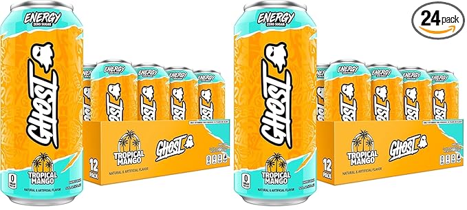GHOST Energy DrinkTropical Mango16oz Cans - Energy &amp Focus &amp No Artificial Colors - 200mg of Natural CaffeineL-Carnitine-&amp Taurine - Gluten-Free-&amp Vegan(Pack of 24)