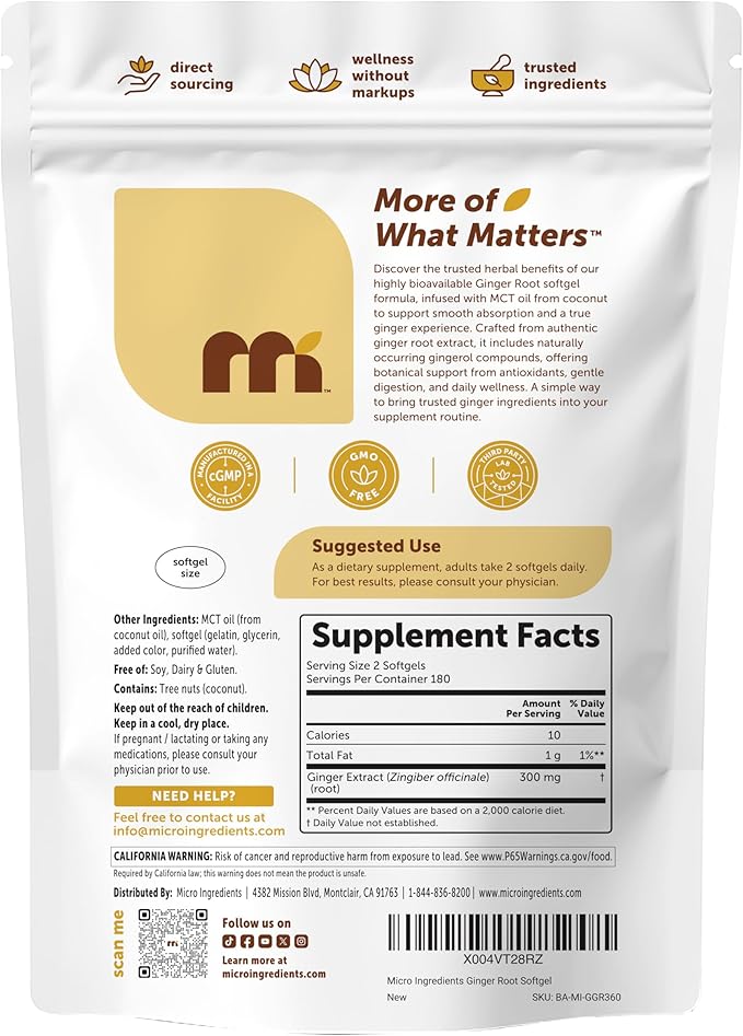 Micro Ingredients Ginger Root with MCT Oil 360 Softgels | Fresh Ginger Root Extract | Herbal Supplements for Women &amp Men | Non-GMO Gluten Free Soy Free